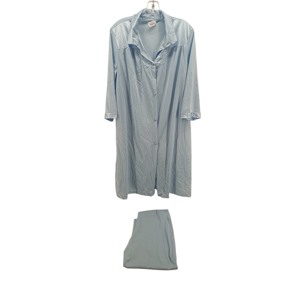 Vanity Fair Vintage Blue Pajama Set Antron III Embroidered Robe‎ Pants Medium